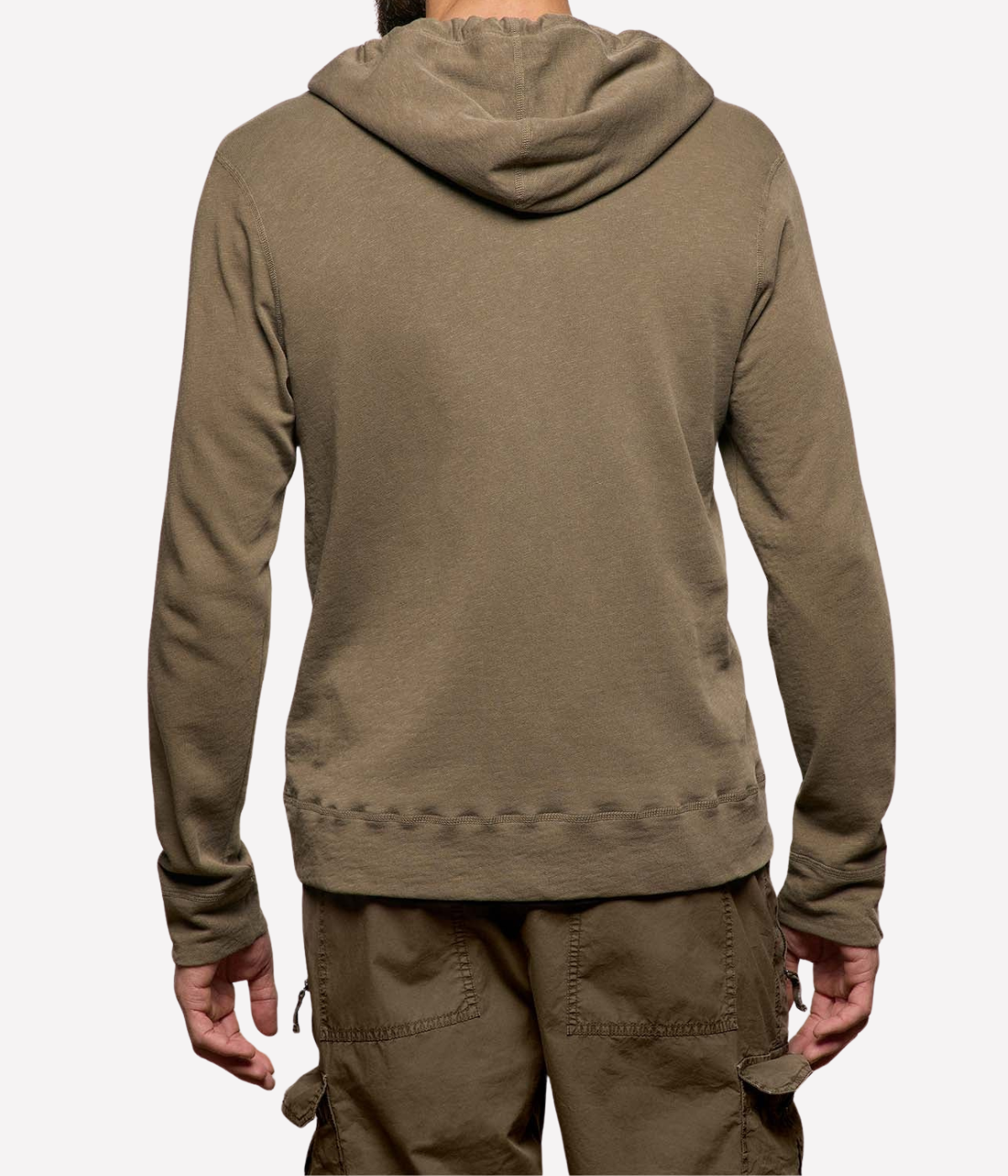 James Perse Vintage French Terry Zip Hoodie in Light Olive Pigment – upper back view on model showcasing hood construction and relaxed fit.