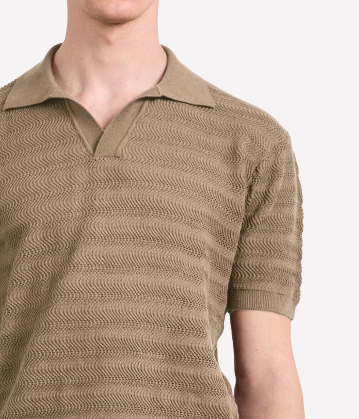 Frescobol Carioca Rino Cotton Jacquard Wave Short Sleeve Knit Polo in Light Brown – Front Close Up View Jacquard Knit Polo