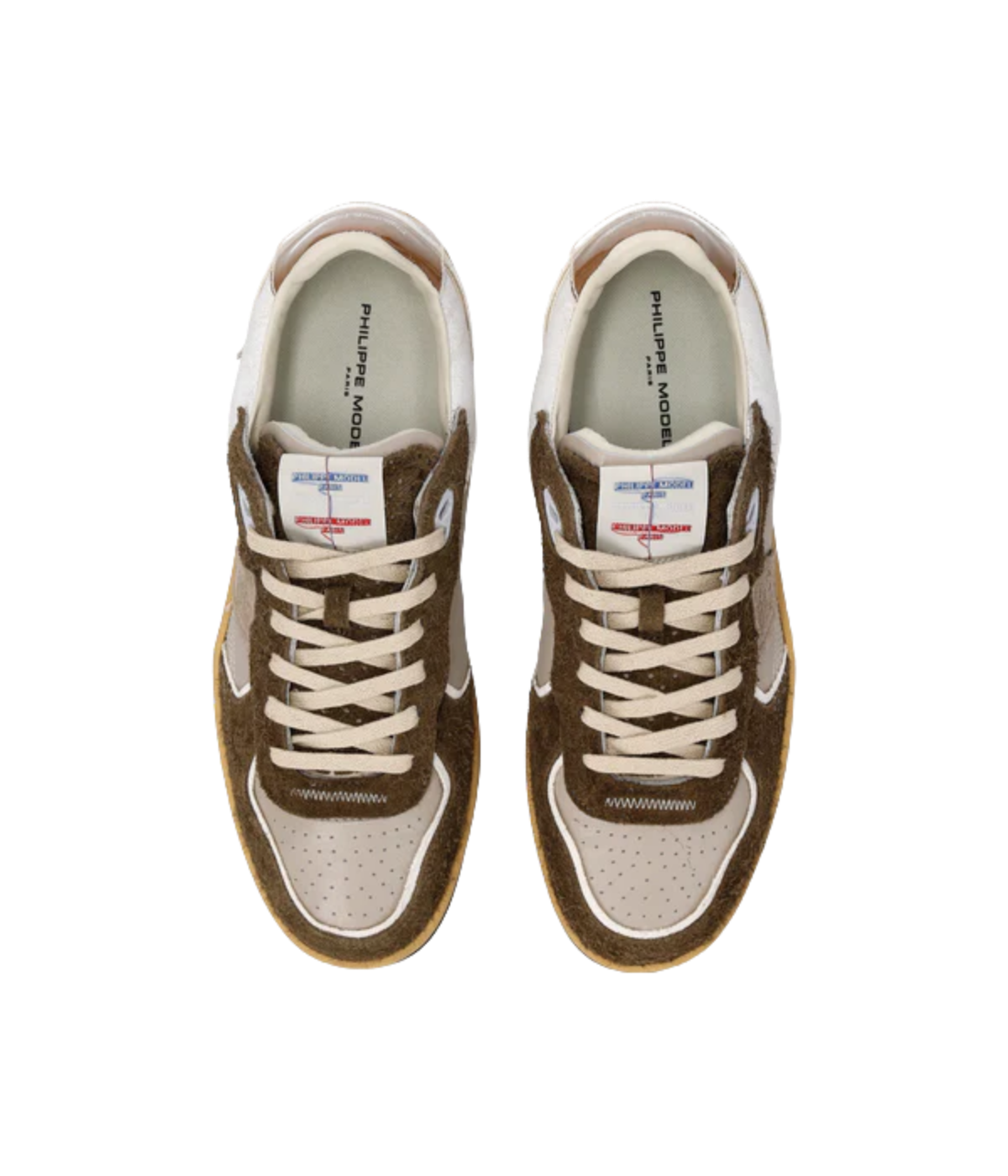 Philippe Model Pgal Low Man in Veau Mixage Event Mud Militair top view in pair featuring leather and suede upper