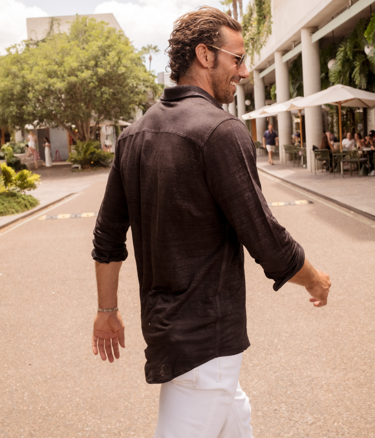 Hand Painted Linen Jersey Long Sleeve in Nero