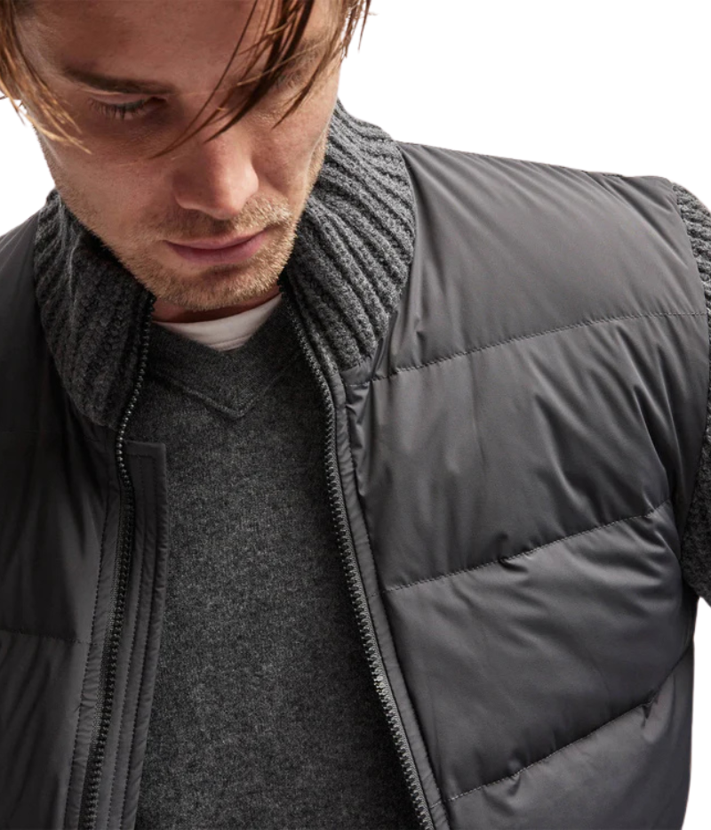 James Perse mixed media funnel neck jacket with quilted detailing, soft cashmere-wool blend sleeves and neck, crafted from Italian fabric