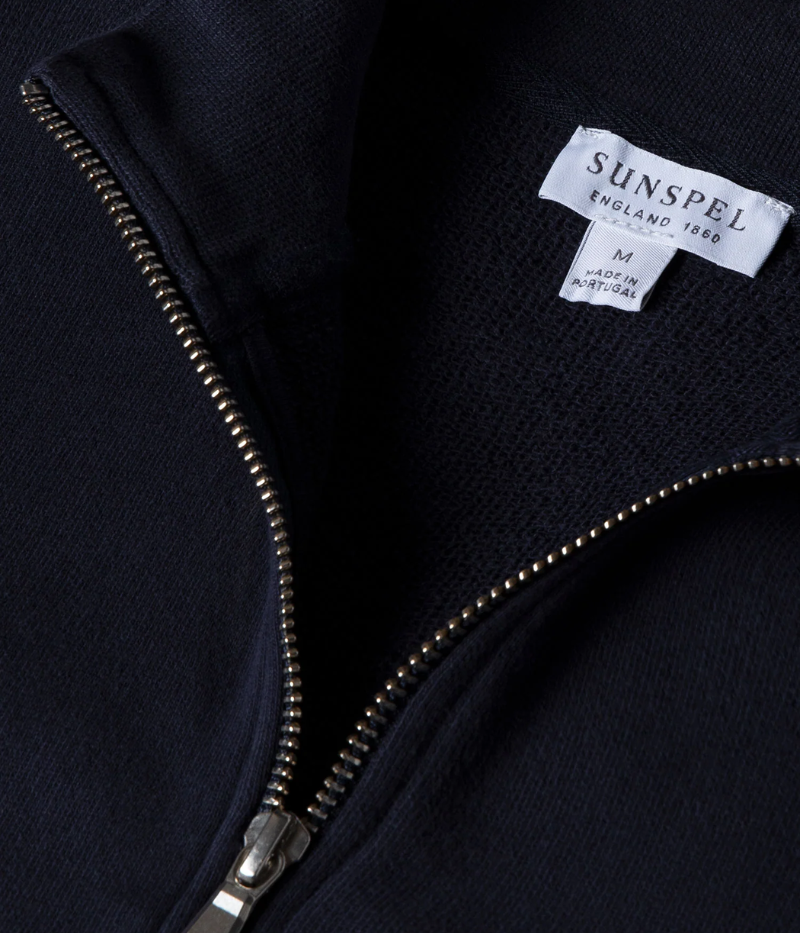 Navy Sunspel Loopback Half-Zip Sweatshirt with a relaxed fit, crafted from soft loopback fabric with insulating warmth and a sleek zip detail.