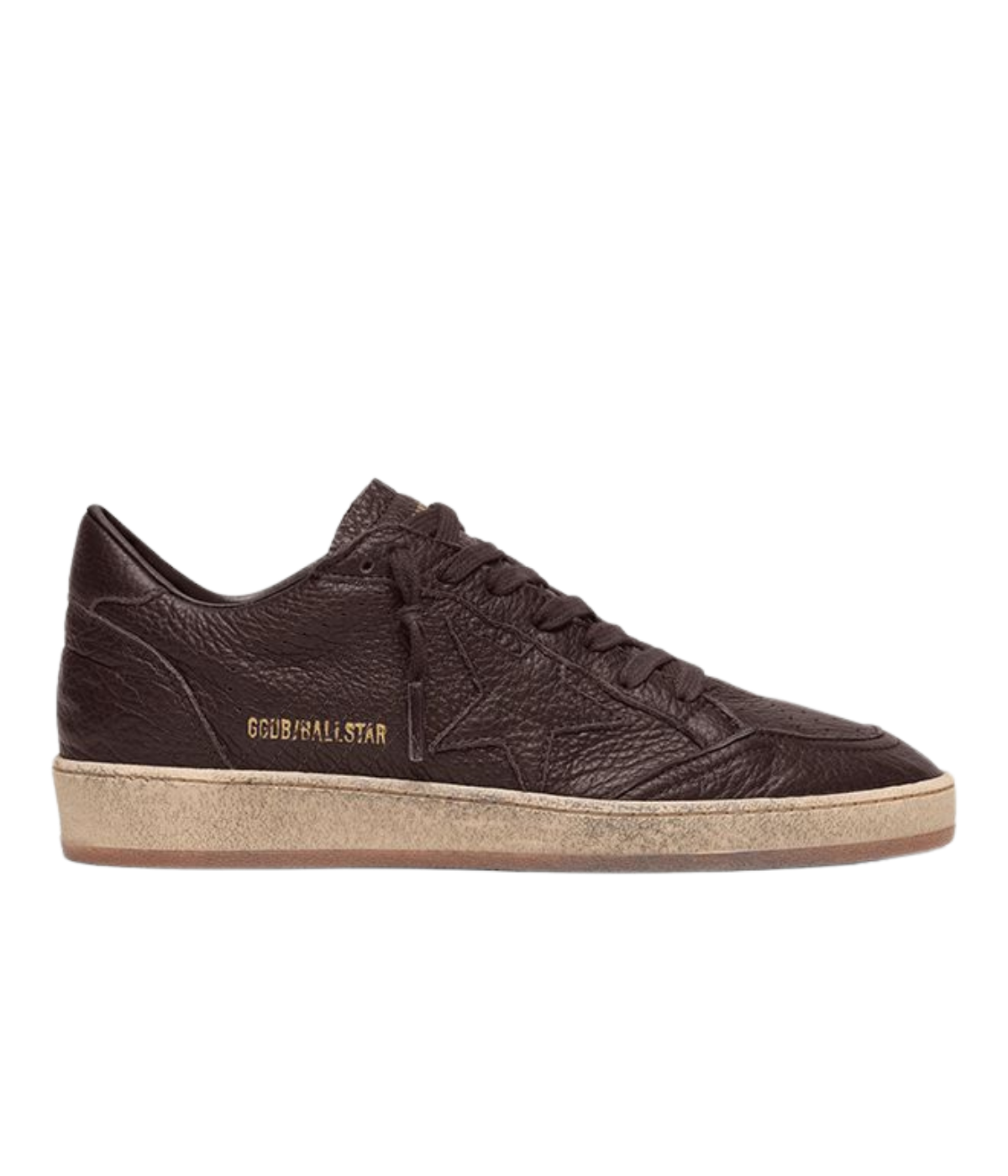 Golden Goose Ball Star low-top sneakers in dark brown leather with tonal leather star and vintage-inspired sole, side profile.