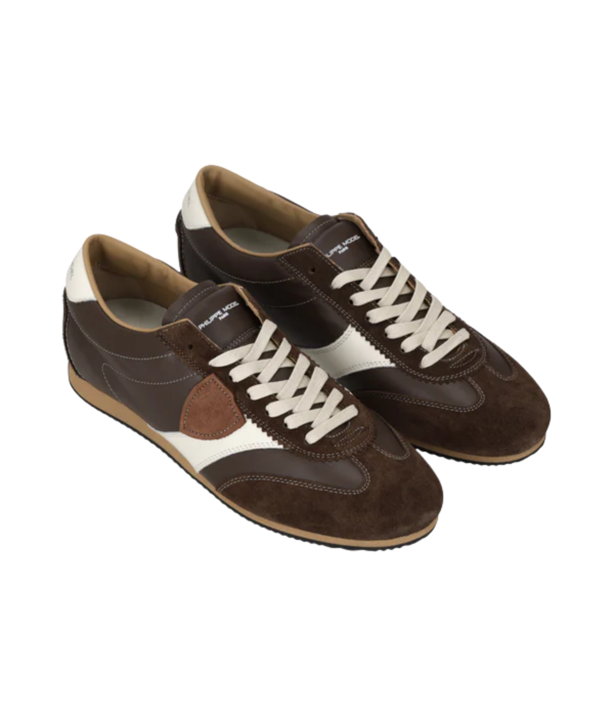 Philippe Model Planche Low Man in Veau Daim Marron angled side view in pair featuring leather upper, suede inserts and embossed shield