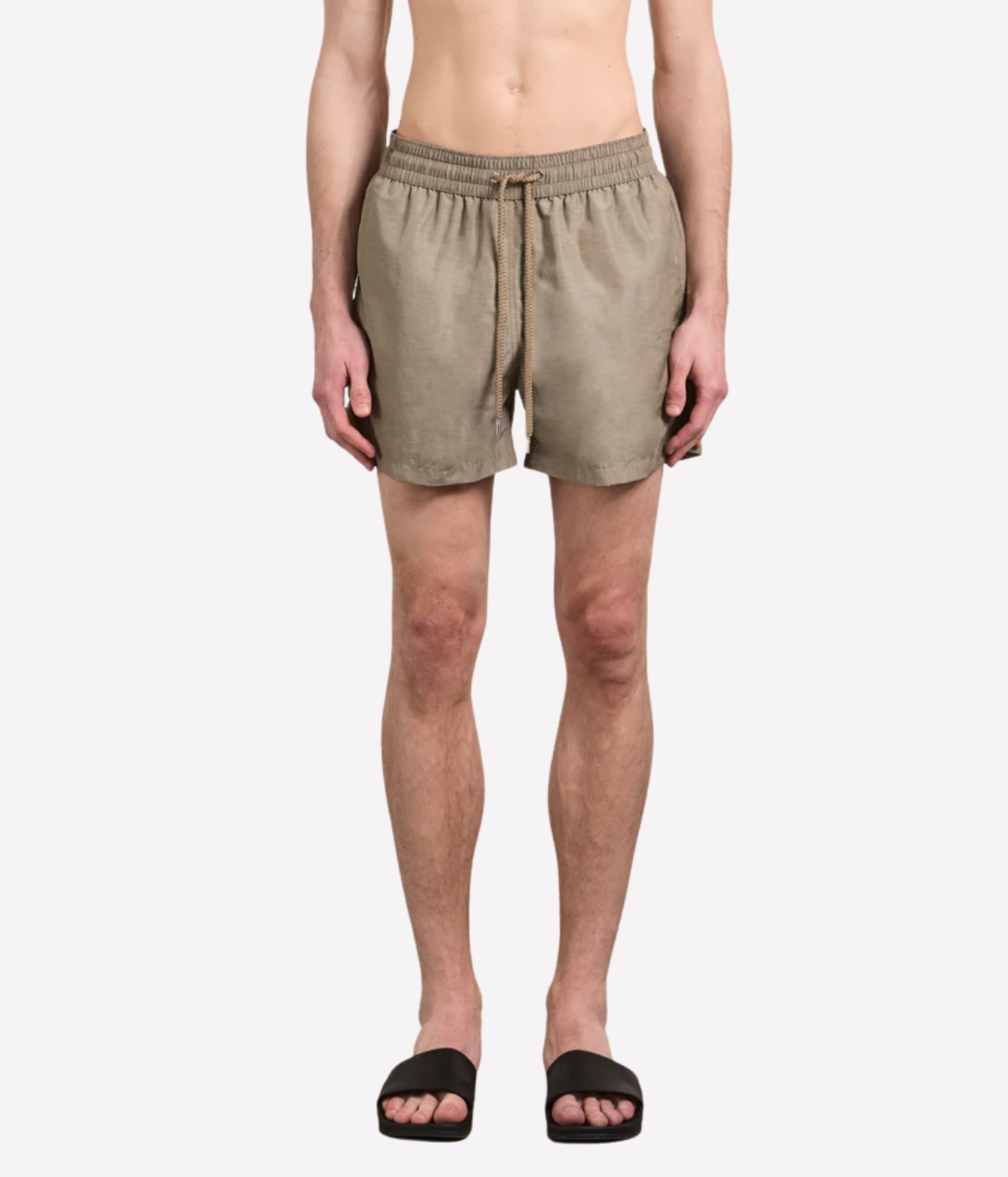 Frescobol Carioca Rio Linen Blend Swim Short in Palm Green – Front View Drawstring Swim Shorts