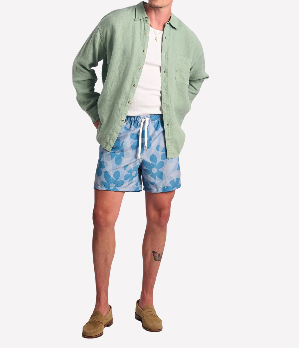Bather Grotto Daisy Trip Swim Trunk in Blue - full length model front view featuring a tonal floral print and 5.5-inch inseam