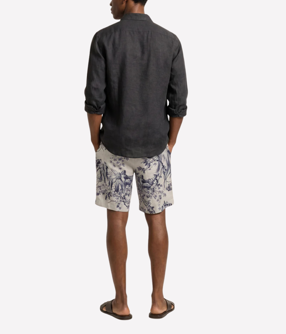 Orlebar Brown Laurent Linen Zephra Short in Aero Blue back view on model.