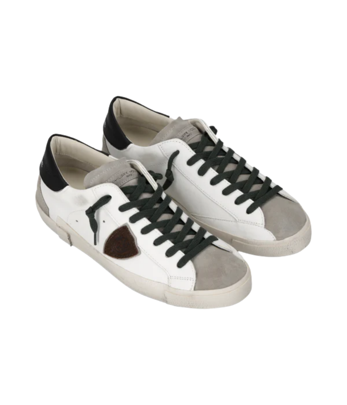 Philippe Model Prsx Low Man in Vintage Mixage Blanc Noir angled side view in pair featuring leather and suede upper with signature shield