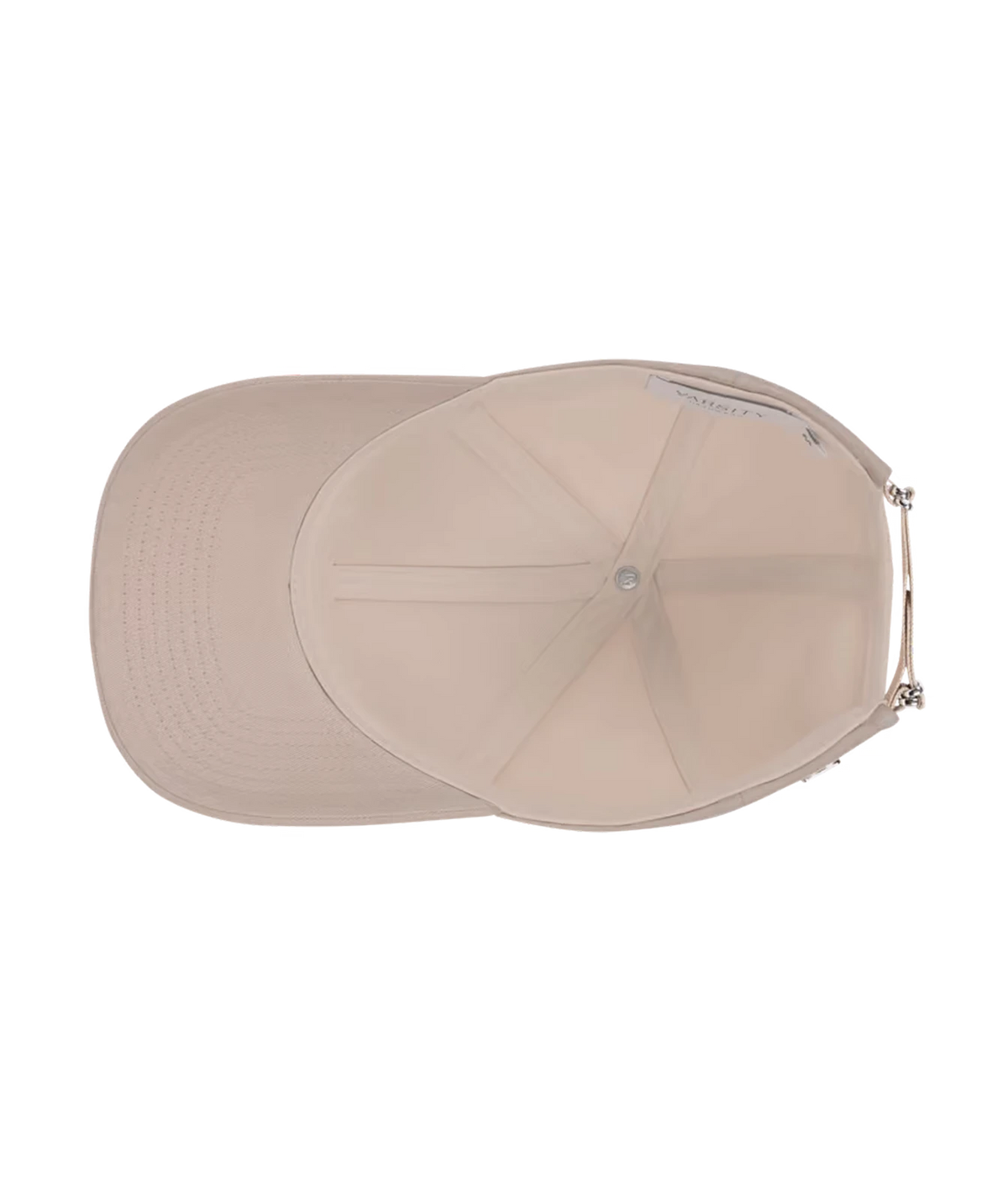 Inside view of Varsity Headwear Cotton Twill Legacy Structured Cap in Latte Beige showing the taped seams, lining and underside of the brim