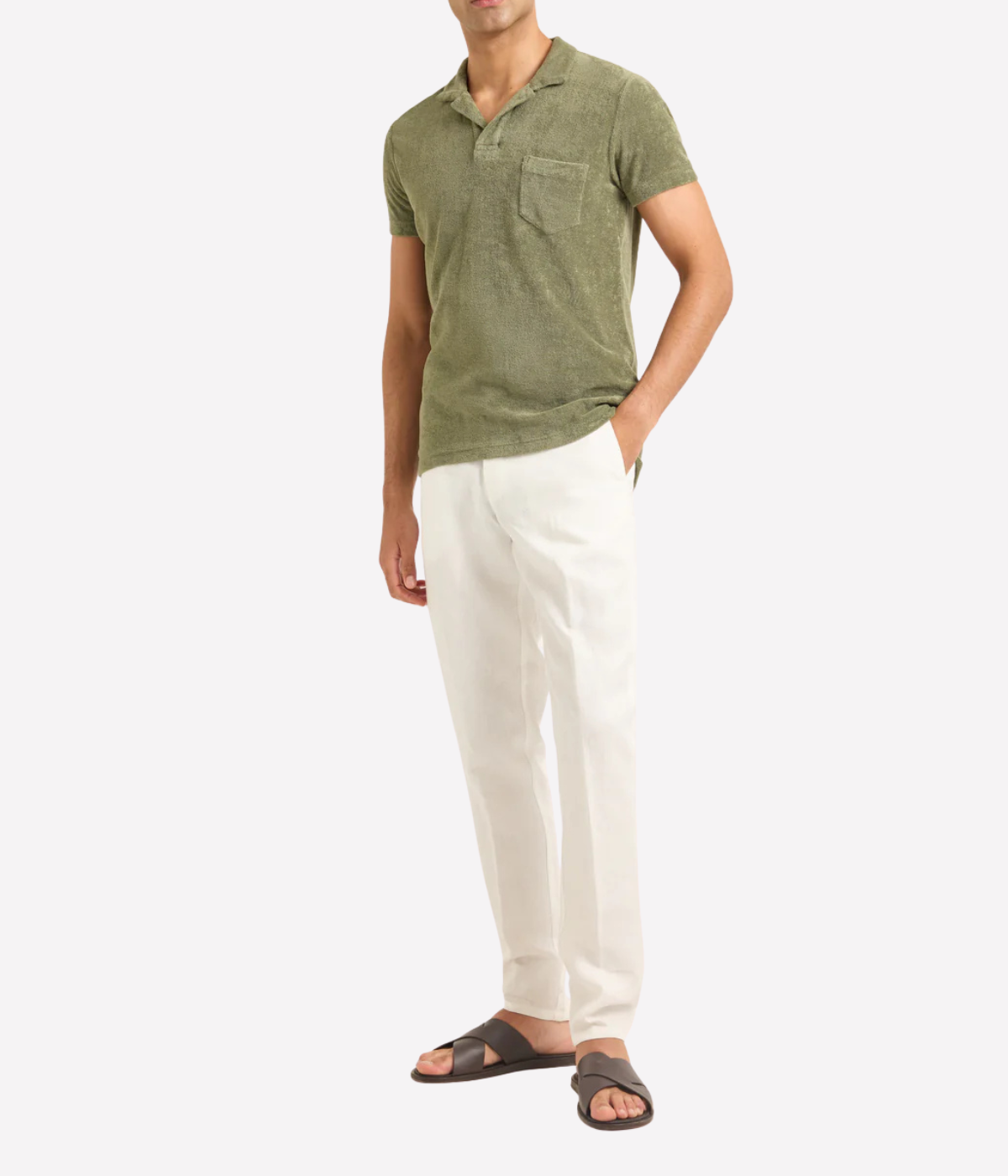 Orlebar Brown Terry Towelling Polo in Herbal Green front view on model.