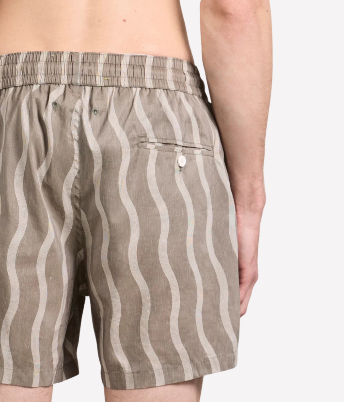 Frescobol Carioca Rio Sport Cabana Swim Short in Palm Green Close Up Shot on back patch pocket.