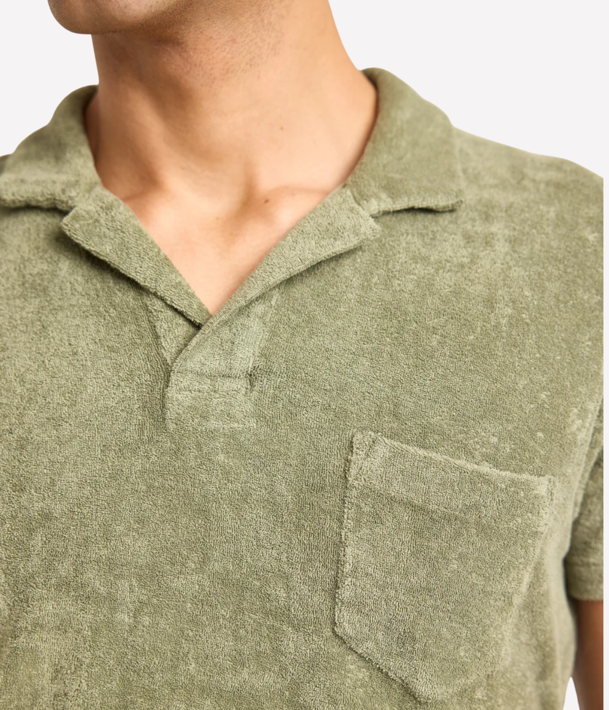 Orlebar Brown Terry Towelling Polo in Herbal Green close-up of the one-piece collar.