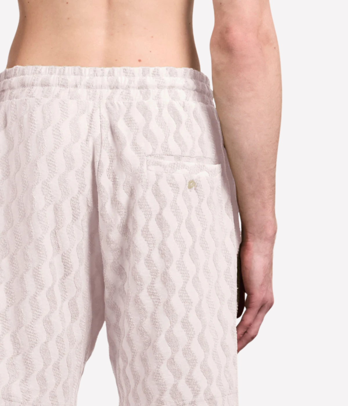 Frescobol Carioca Augusto Listra Jacquard Terry Shorts in Cream featuring a textured jacquard finish, elasticated drawstring waist and relaxed fit - Closeup Back Shot