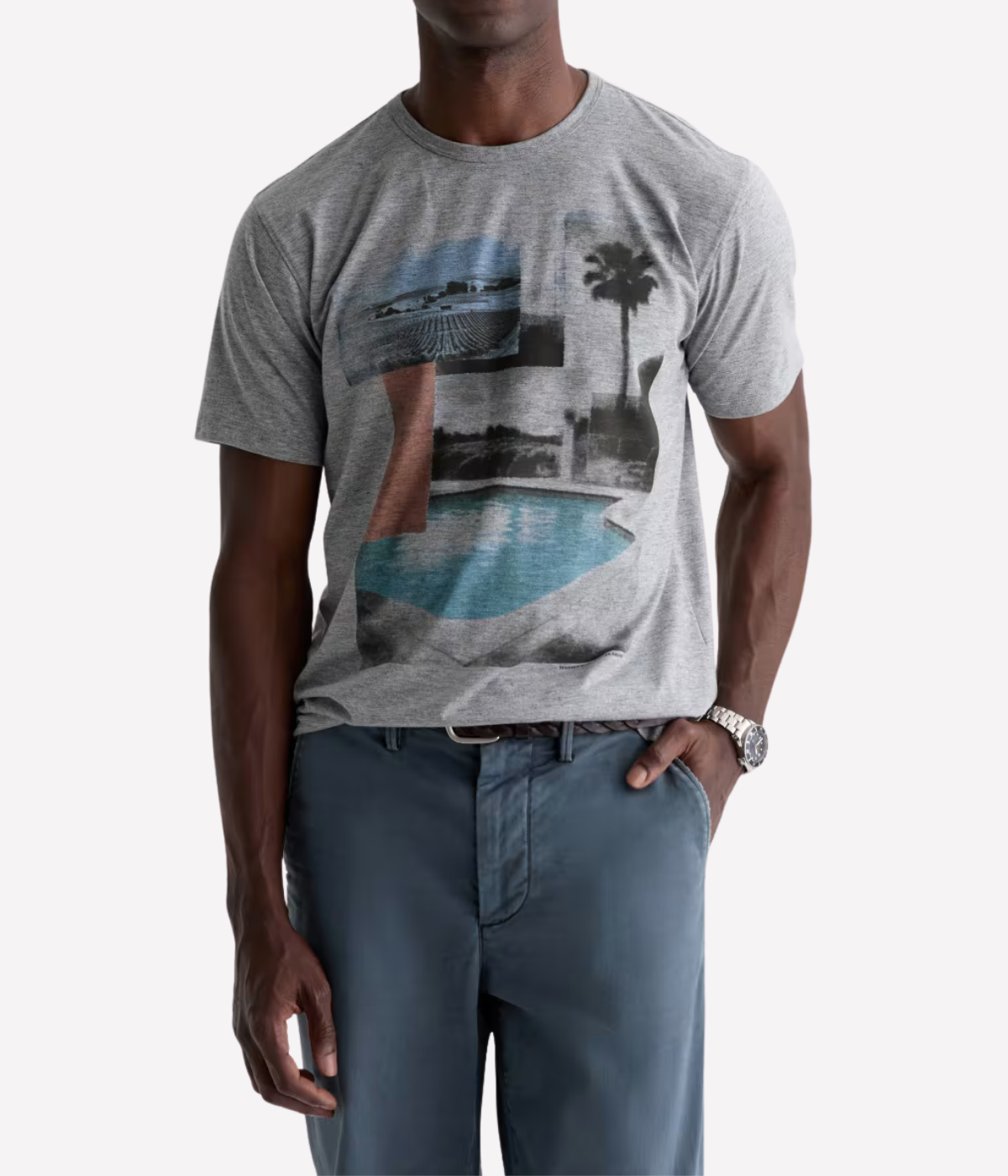 AG Bryce Crew in Poolside View Heather Grey worn on model - Front View