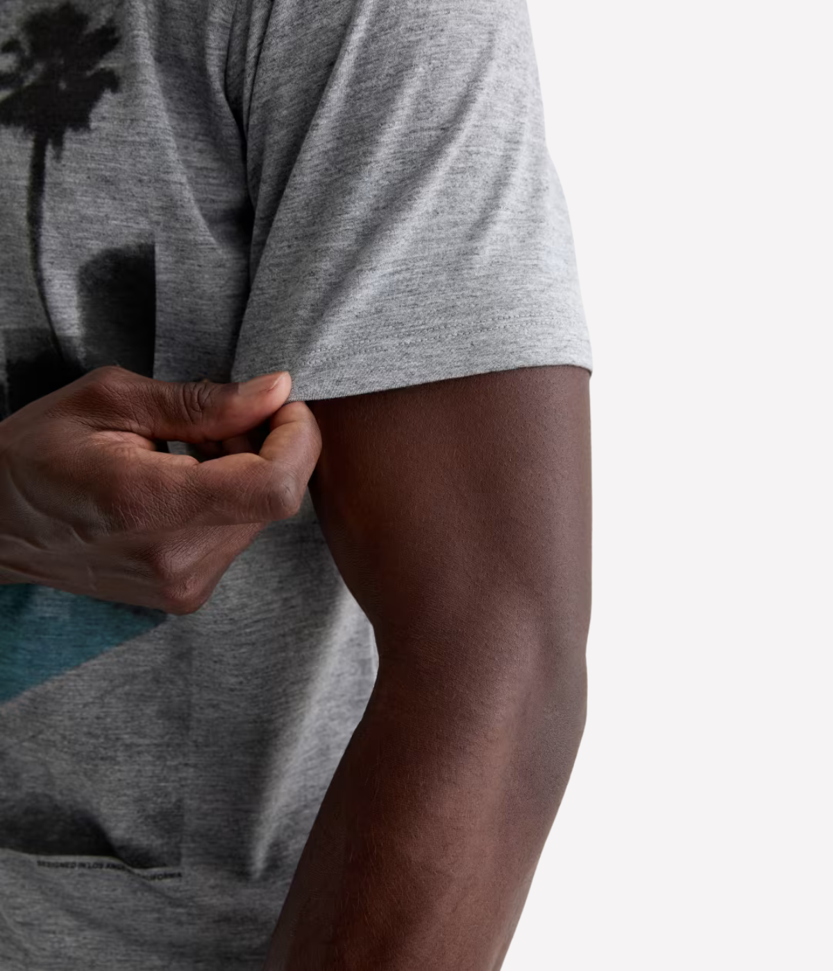 AG Bryce Crew in Poolside View Heather Grey worn on model - close up on sleeve details