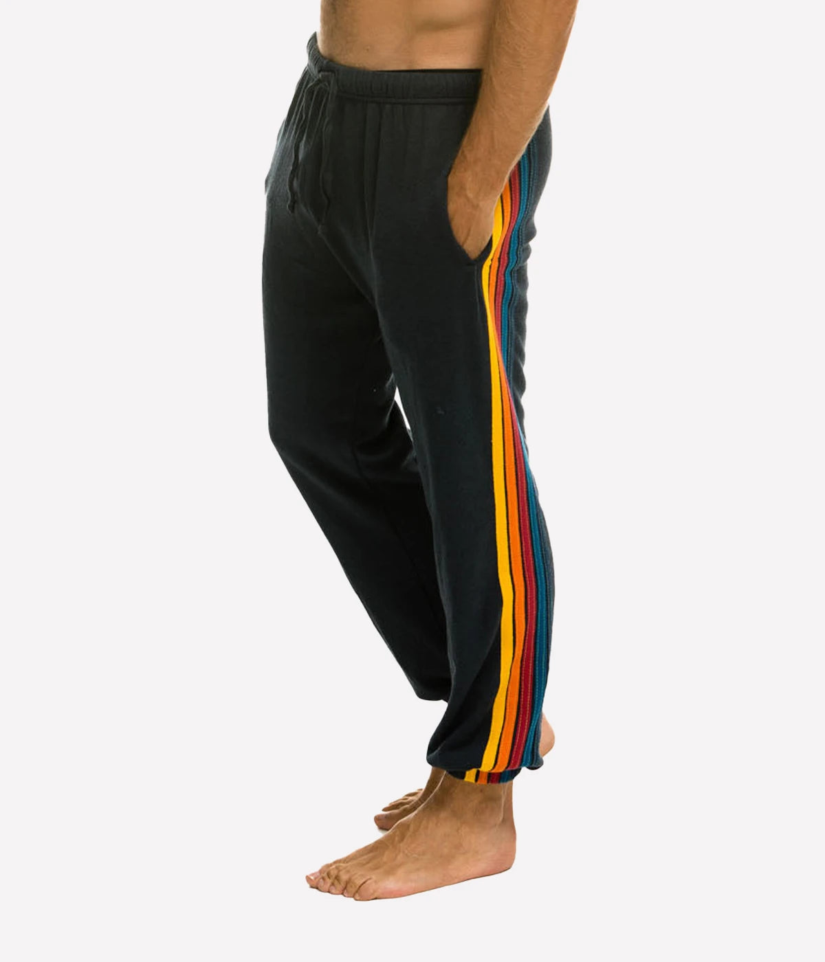 Aviator Nation 5 Stripe Sweatpants with single-needle stitch work down the leg, made from a polyester-cotton-rayon blend, made in Los Angeles.
