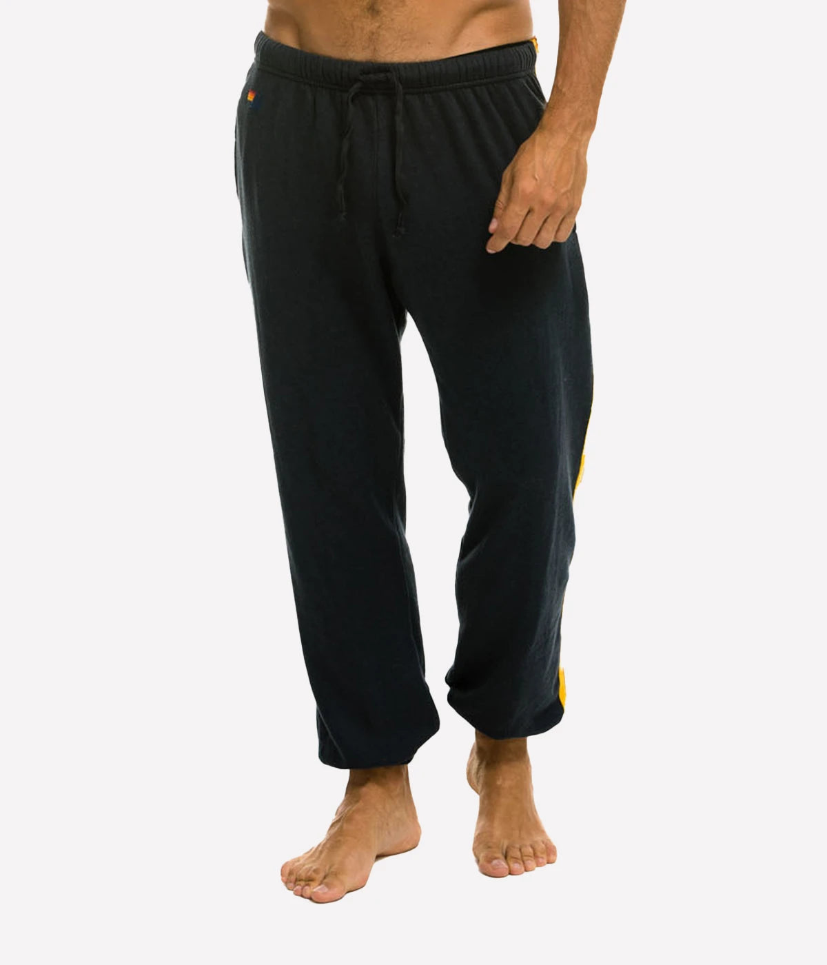 Aviator Nation 5 Stripe Sweatpants with single-needle stitch work down the leg, made from a polyester-cotton-rayon blend, made in Los Angeles.