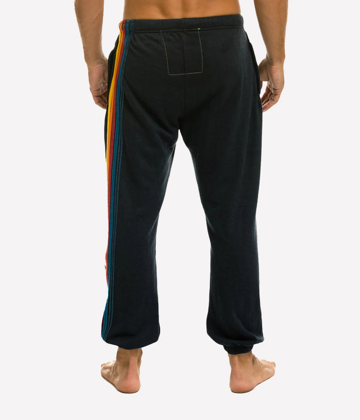 Aviator Nation 5 Stripe Sweatpants with single-needle stitch work down the leg, made from a polyester-cotton-rayon blend, made in Los Angeles.