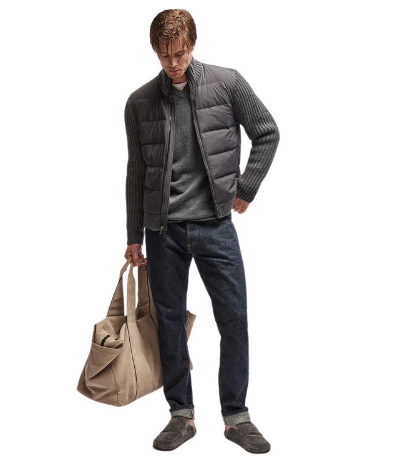 James Perse mixed media funnel neck jacket with quilted detailing, soft cashmere-wool blend sleeves and neck, crafted from Italian fabric