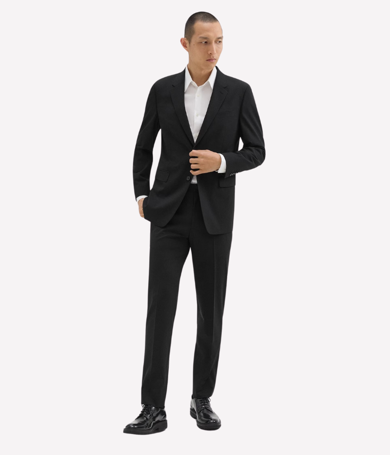 Mayer Trouser by Theory, crafted from medium-weight Italian virgin wool and Lycra Spandex. Features straight slim leg with subtle pressed creases, side slip pockets, back welt pockets, and hook-and-zip closure. Wrinkle-resistant and moisture-controlling fabric for all-day polish