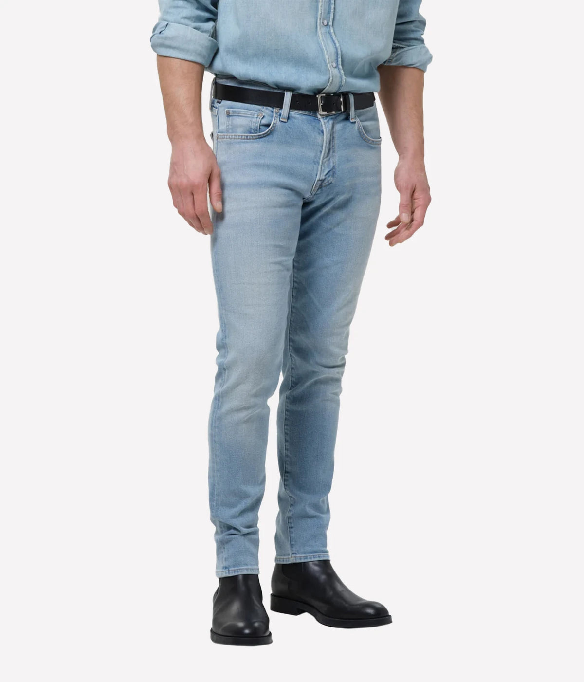 Man wearing Citizens of Humanity London Tapered Slim Perform Jean in Light Wash, waist-down front view