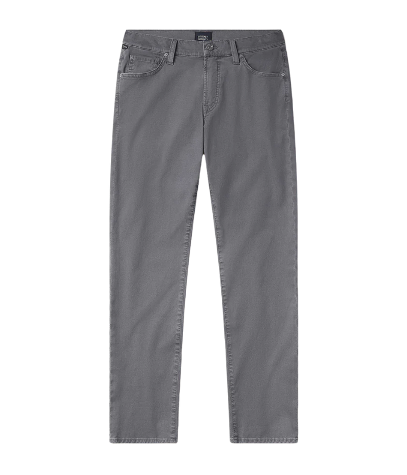 Slim straight jeans in medium to dark grey with a relaxed fit through the thigh and a tapered ankle, made from midweight denim with a touch of stretch.