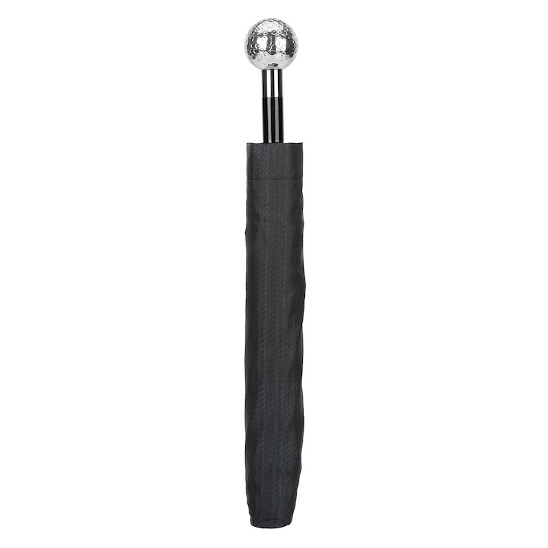 Silver Golf Ball Folding Umbrella featuring an automatic opening mechanism, a silver-plated handle, and crafted from 100% polyester. Handmade in Italy, this umbrella combines elegance, durability, and luxury with a 50cm length and 100cm diameter.