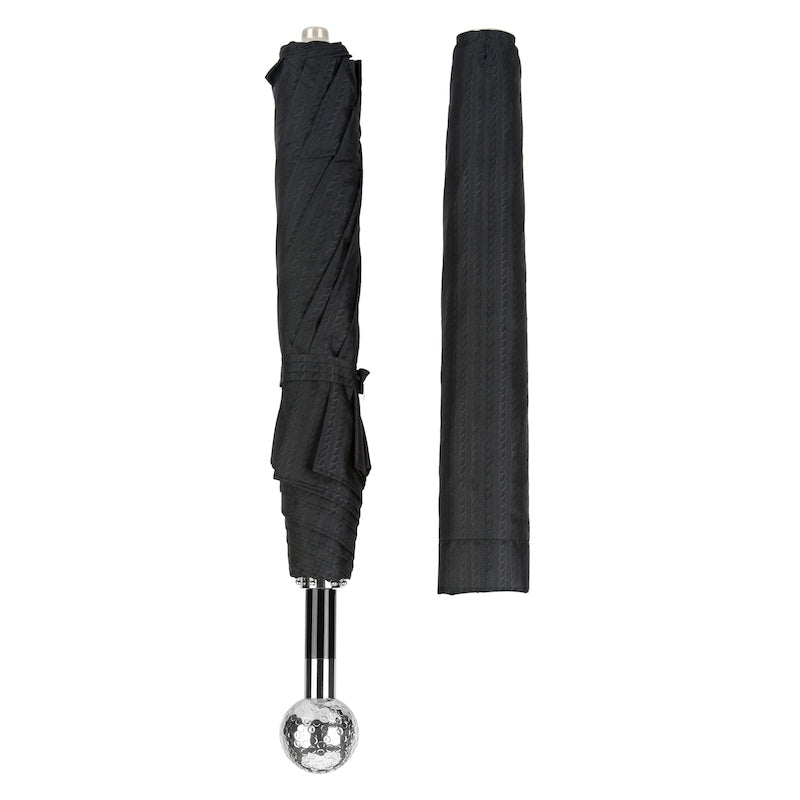 Silver Golf Ball Folding Umbrella featuring an automatic opening mechanism, a silver-plated handle, and crafted from 100% polyester. Handmade in Italy, this umbrella combines elegance, durability, and luxury with a 50cm length and 100cm diameter.
