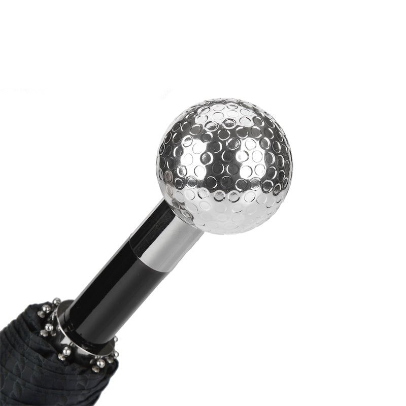 Silver Golf Ball Folding Umbrella featuring an automatic opening mechanism, a silver-plated handle, and crafted from 100% polyester. Handmade in Italy, this umbrella combines elegance, durability, and luxury with a 50cm length and 100cm diameter.