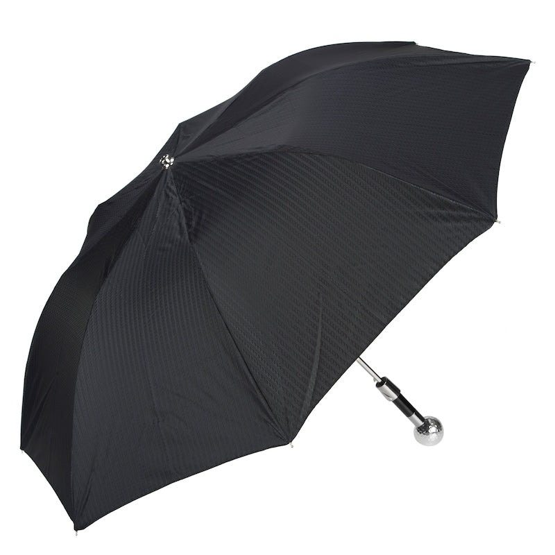 Silver Golf Ball Folding Umbrella featuring an automatic opening mechanism, a silver-plated handle, and crafted from 100% polyester. Handmade in Italy, this umbrella combines elegance, durability, and luxury with a 50cm length and 100cm diameter.