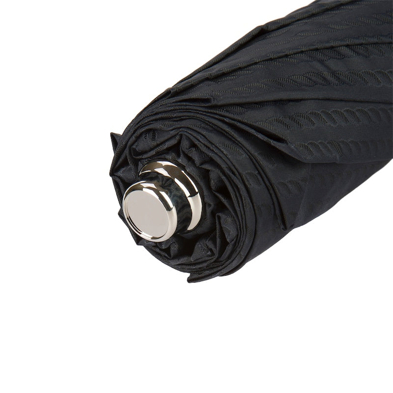 Silver Golf Ball Folding Umbrella featuring an automatic opening mechanism, a silver-plated handle, and crafted from 100% polyester. Handmade in Italy, this umbrella combines elegance, durability, and luxury with a 50cm length and 100cm diameter.