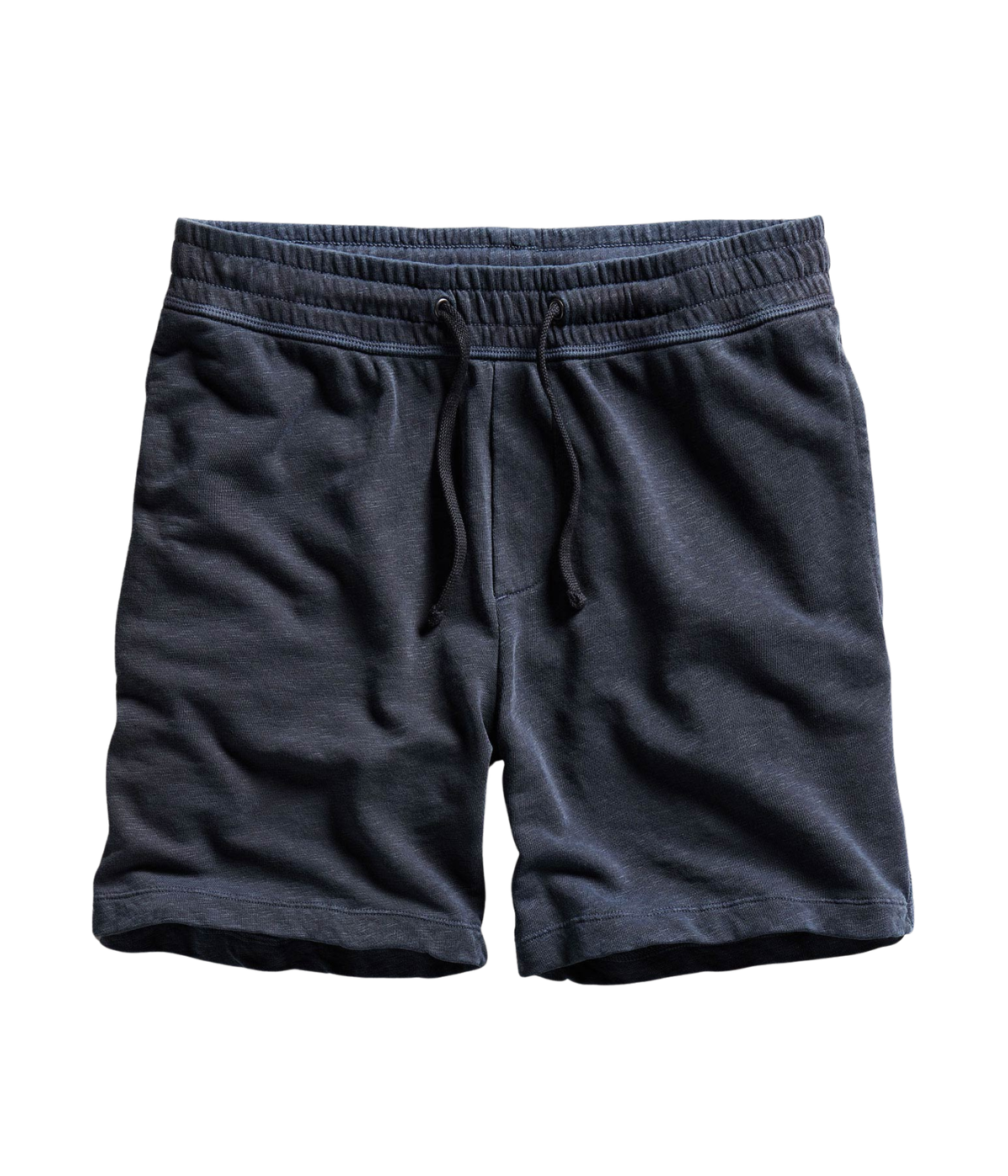 James Perse French Terry Sweat Short in Deep – flat lay product shot displaying elasticated waistband, drawcord, and lightweight cotton French terry fabric.