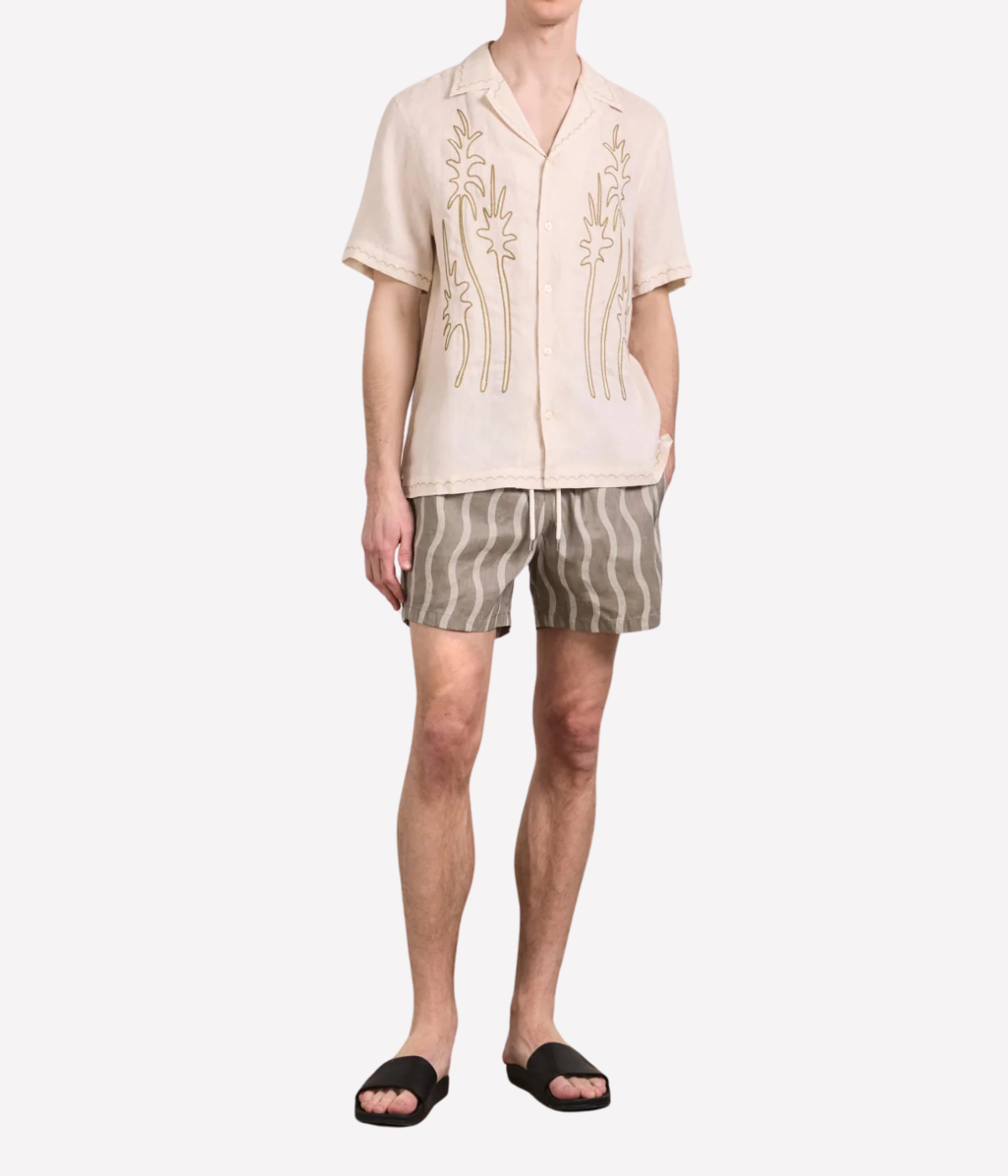 Frescobol Carioca Alves Palm Embroidered Linen Short Sleeve Shirt in Cream featuring seasonal palm embroidery, a camp collar and chest pocket - Full Length front view on model