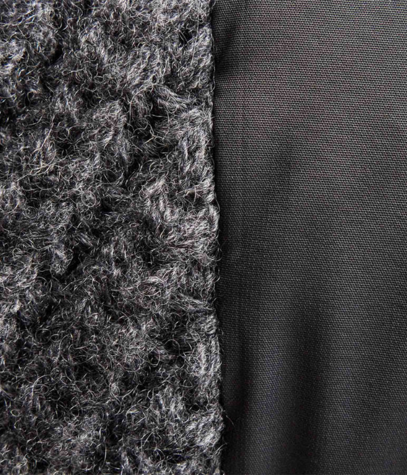 James Perse mixed media funnel neck jacket with quilted detailing, soft cashmere-wool blend sleeves and neck, crafted from Italian fabric