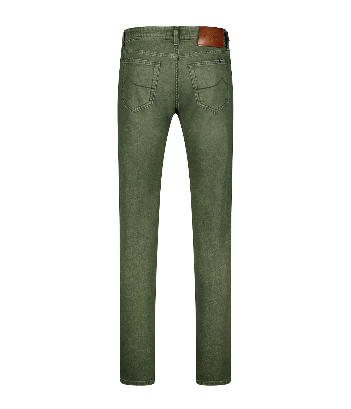 Back view of a pair of slim-fit jeans in olive green, featuring a brown leather patch on the back waistband, set against a plain white background.