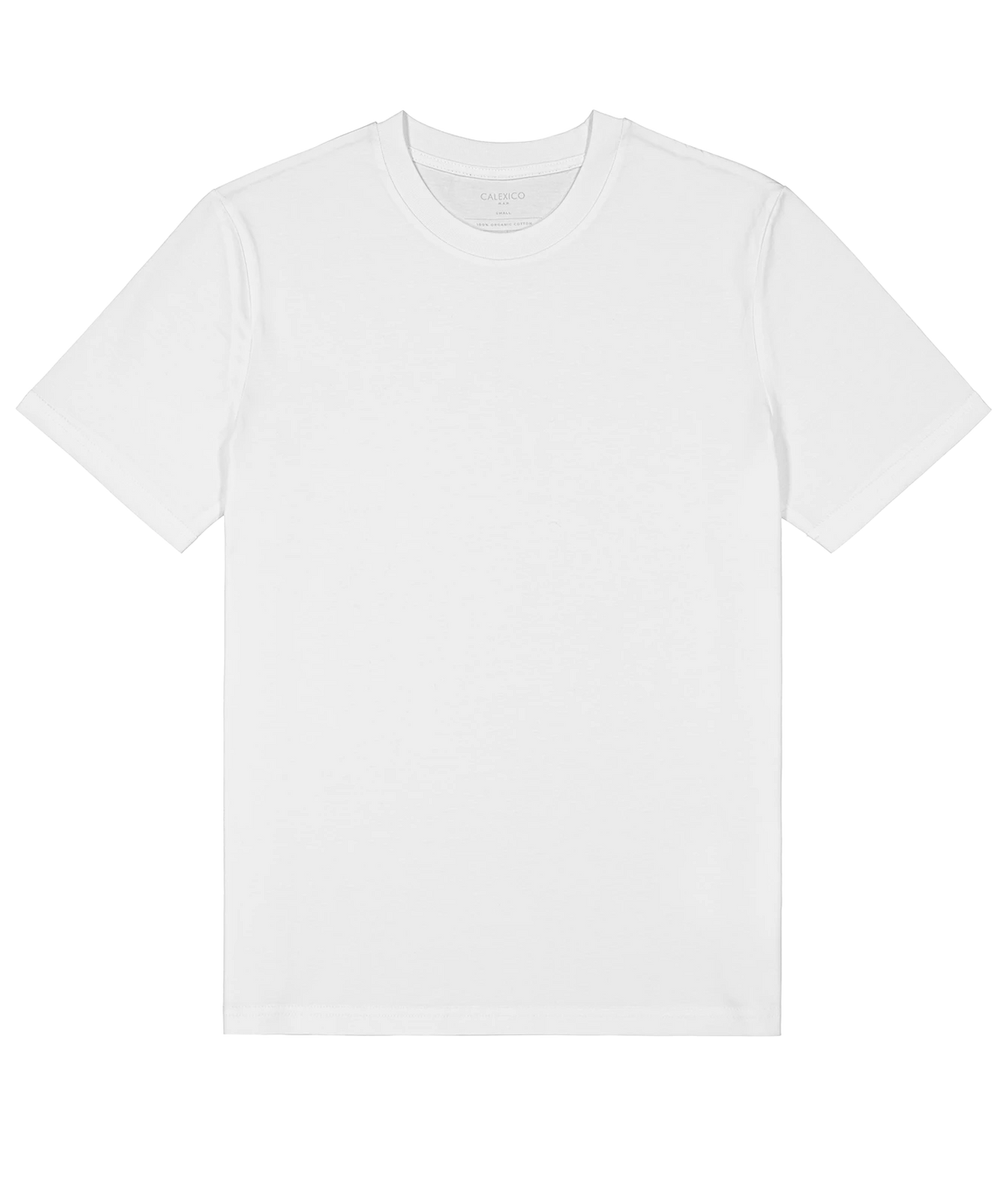 A plain white short-sleeve crewneck t-shirt laid flat against a white background.