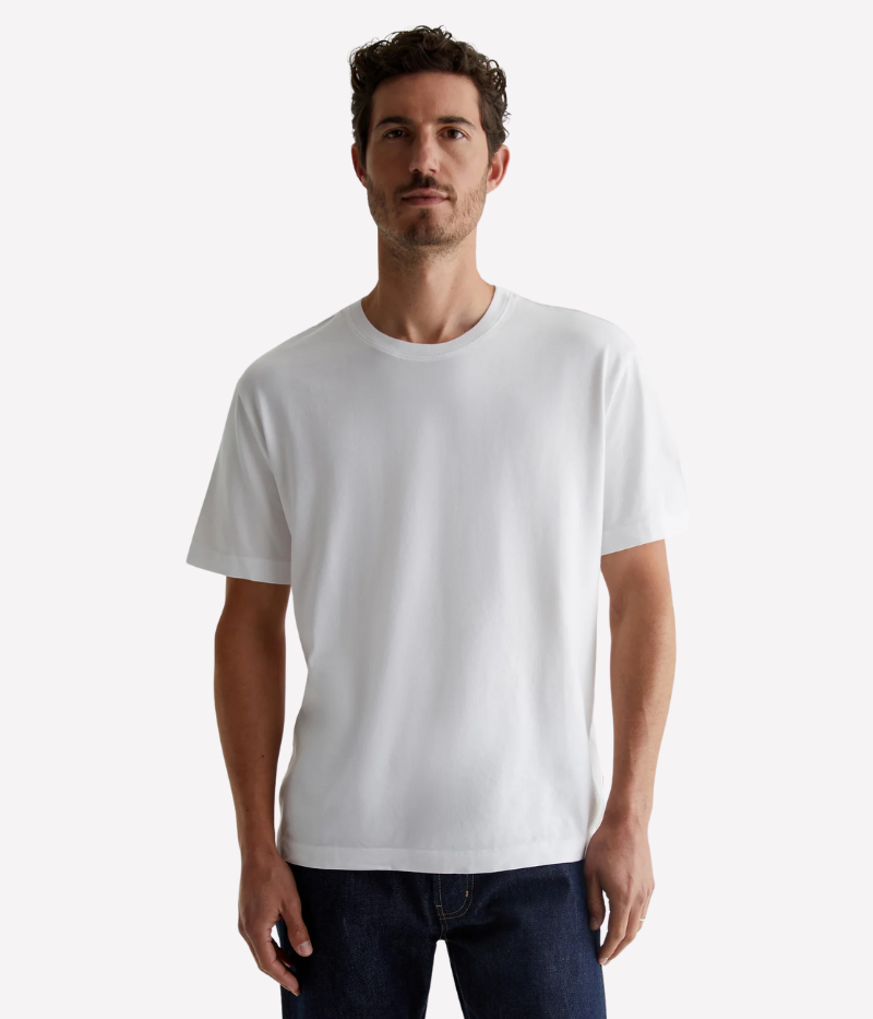 White relaxed-fit crewneck T-shirt with drop shoulders and premium cotton jersey.