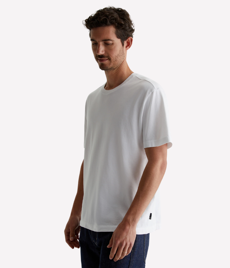 White relaxed-fit crewneck T-shirt with drop shoulders and premium cotton jersey.