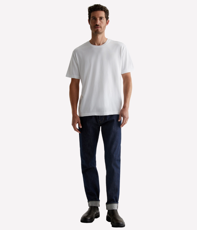 White relaxed-fit crewneck T-shirt with drop shoulders and premium cotton jersey.