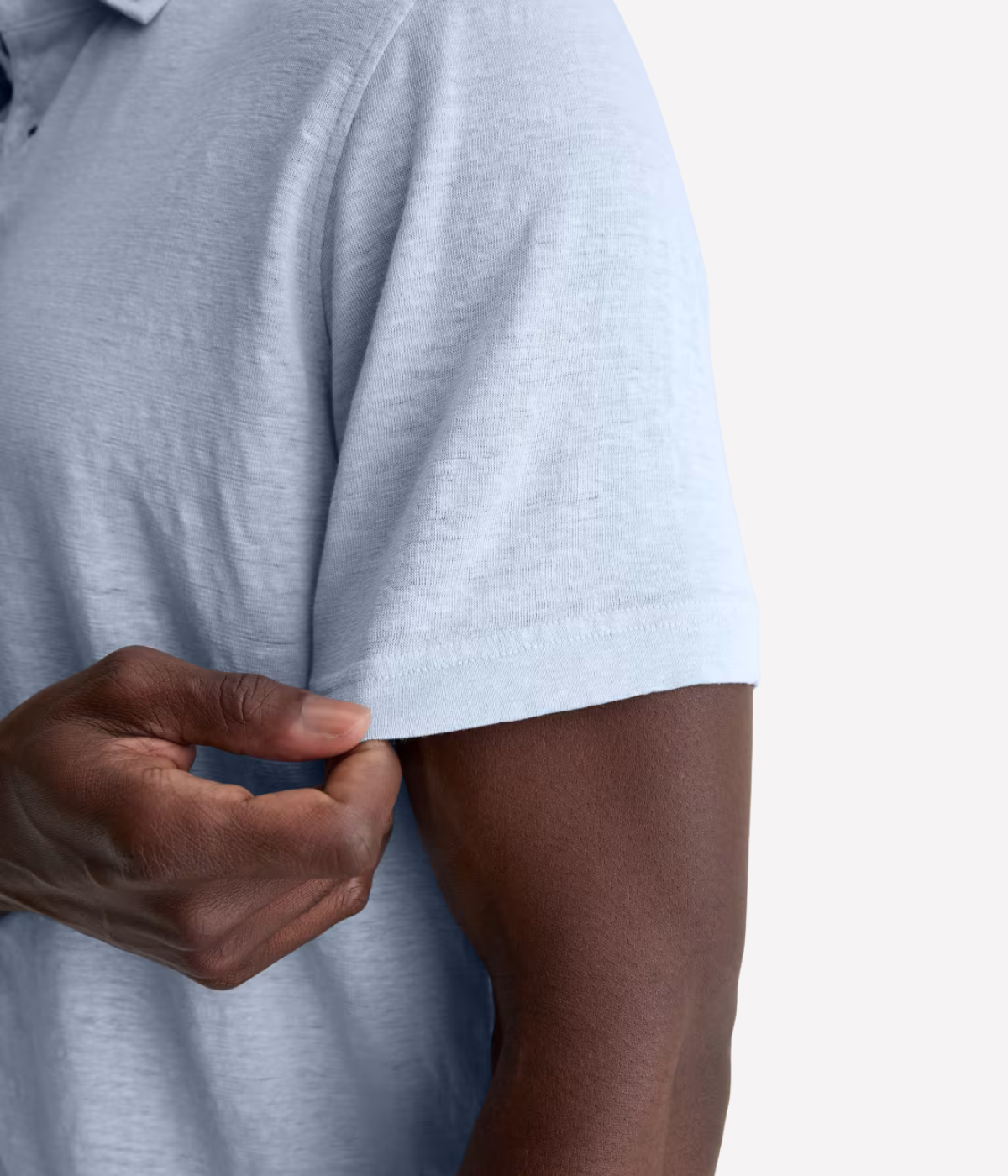 AG Bryce Short Sleeve Polo in Fresh Blue worn on model closed up on Sleeve.