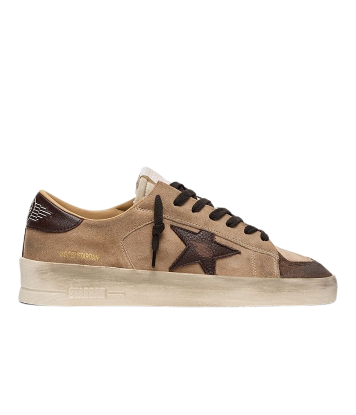 Golden Goose Stardan low-top sneakers in beige, brown and white with a suede upper, nylon tongue and leather star, side profile.