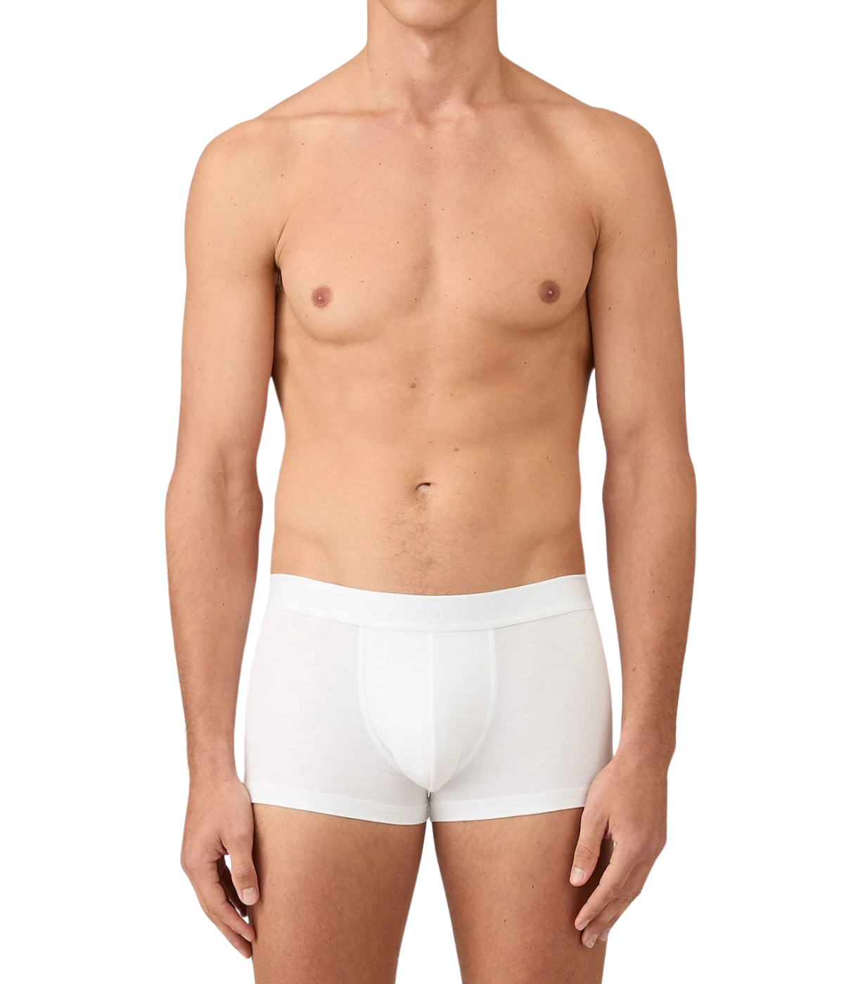 Sunspel Twin Pack Trunks in White – front view on model showcasing the close-fit silhouette, soft stretch cotton fabric, and elasticated waistband for everyday comfort.