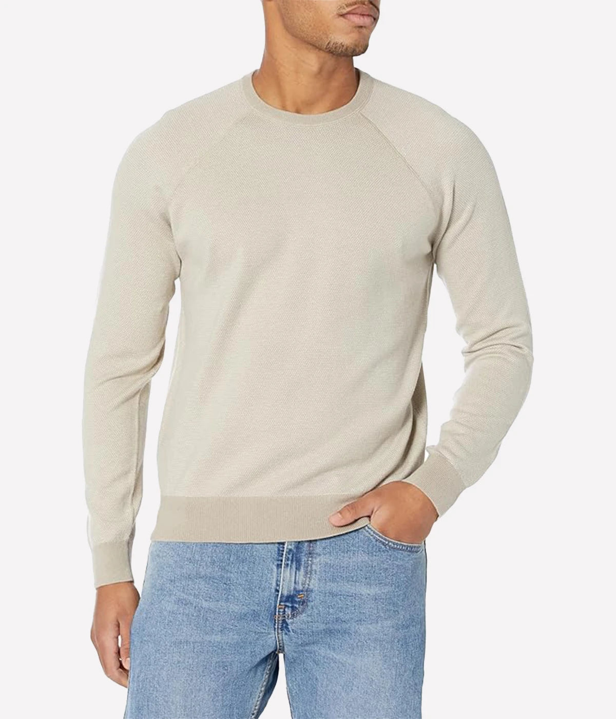Birdseye Raglan Crew in Rock Pearl, made from a wool-cotton-cashmere blend, offering exceptional softness and comfort