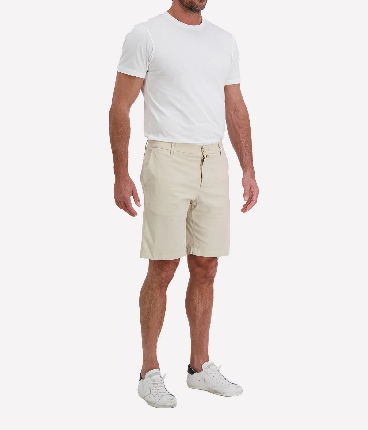 Jacob Cohën George Bermuda Chino Regular Fit in Light Beige Suede Patch – Angled View Bermuda Chino Shorts