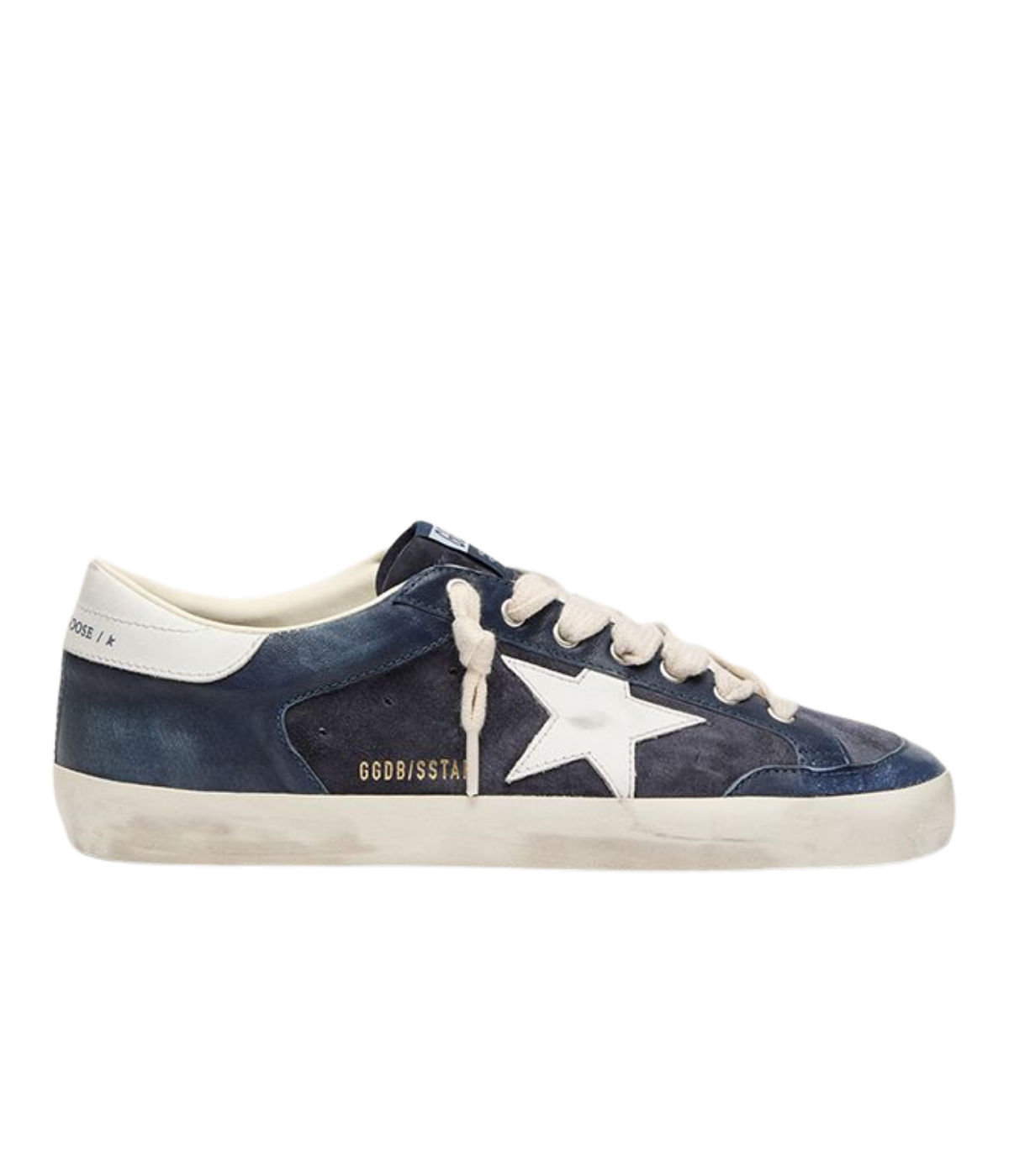Golden Goose Super-Star Sneaker in Dark Blue & White side view featuring the signature leather star.