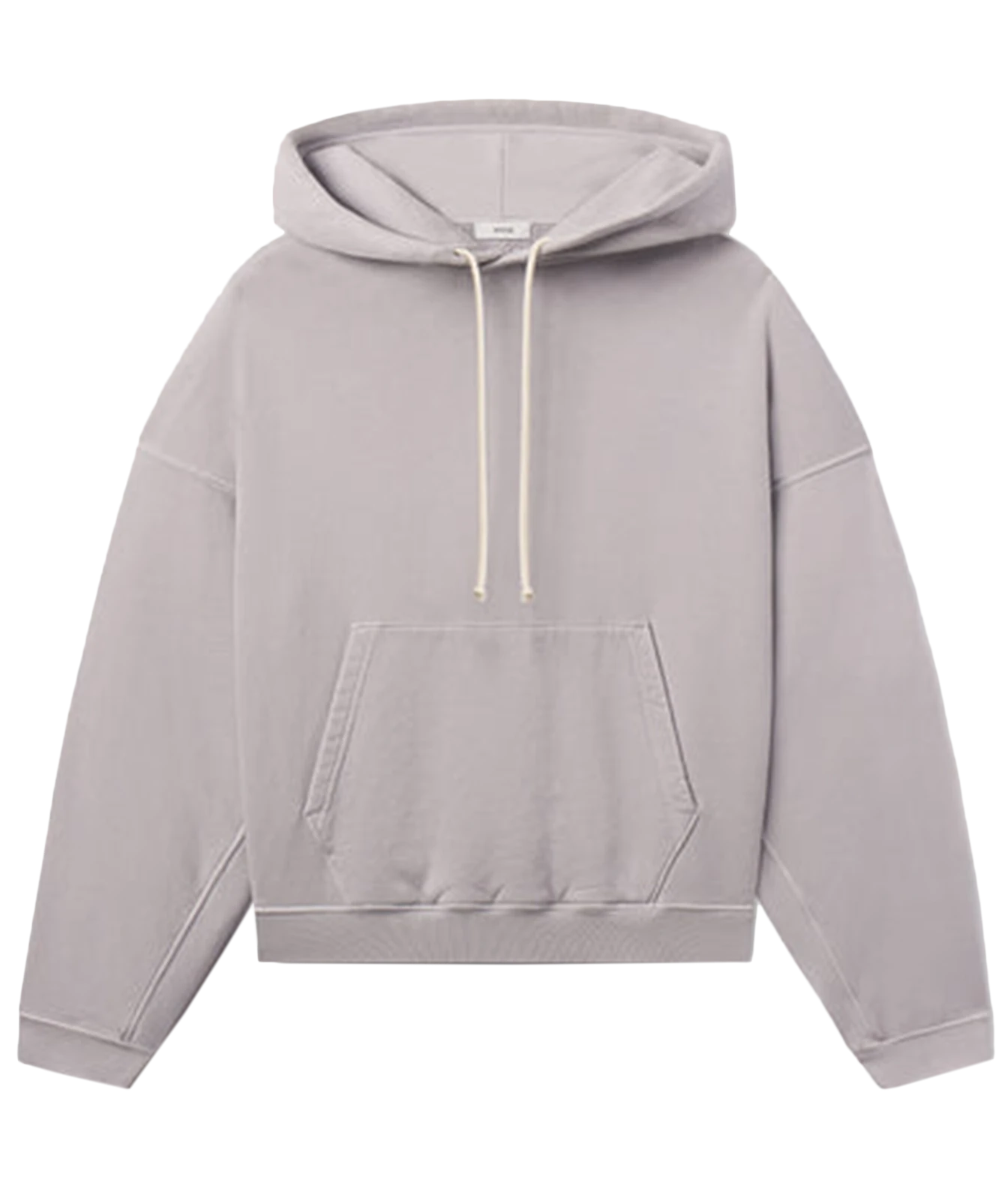 A light gray pullover hoodie with cream-colored drawstrings and a front kangaroo pocket, shown flat against a solid white background.