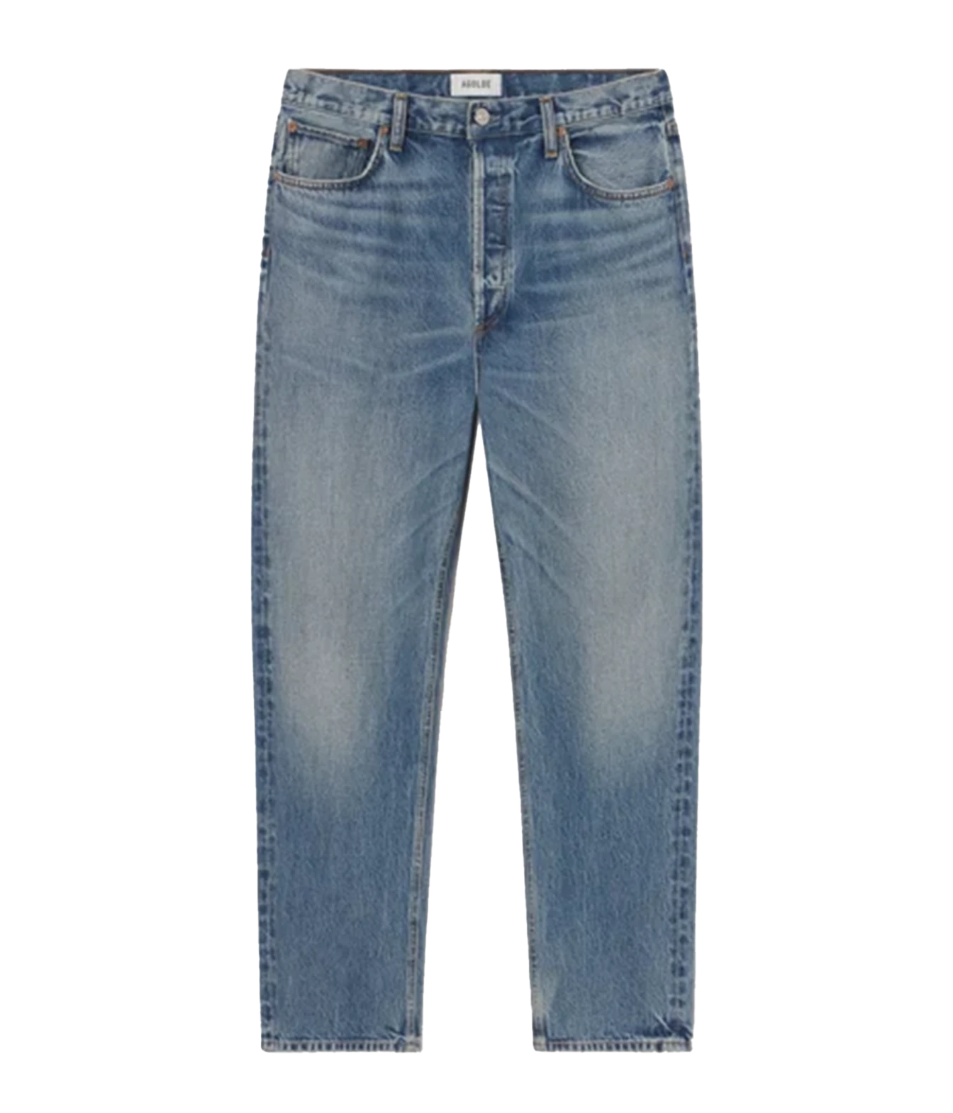 Light blue denim jeans with a straight-leg fit, featuring a faded wash on the thighs and a standard five-pocket design.