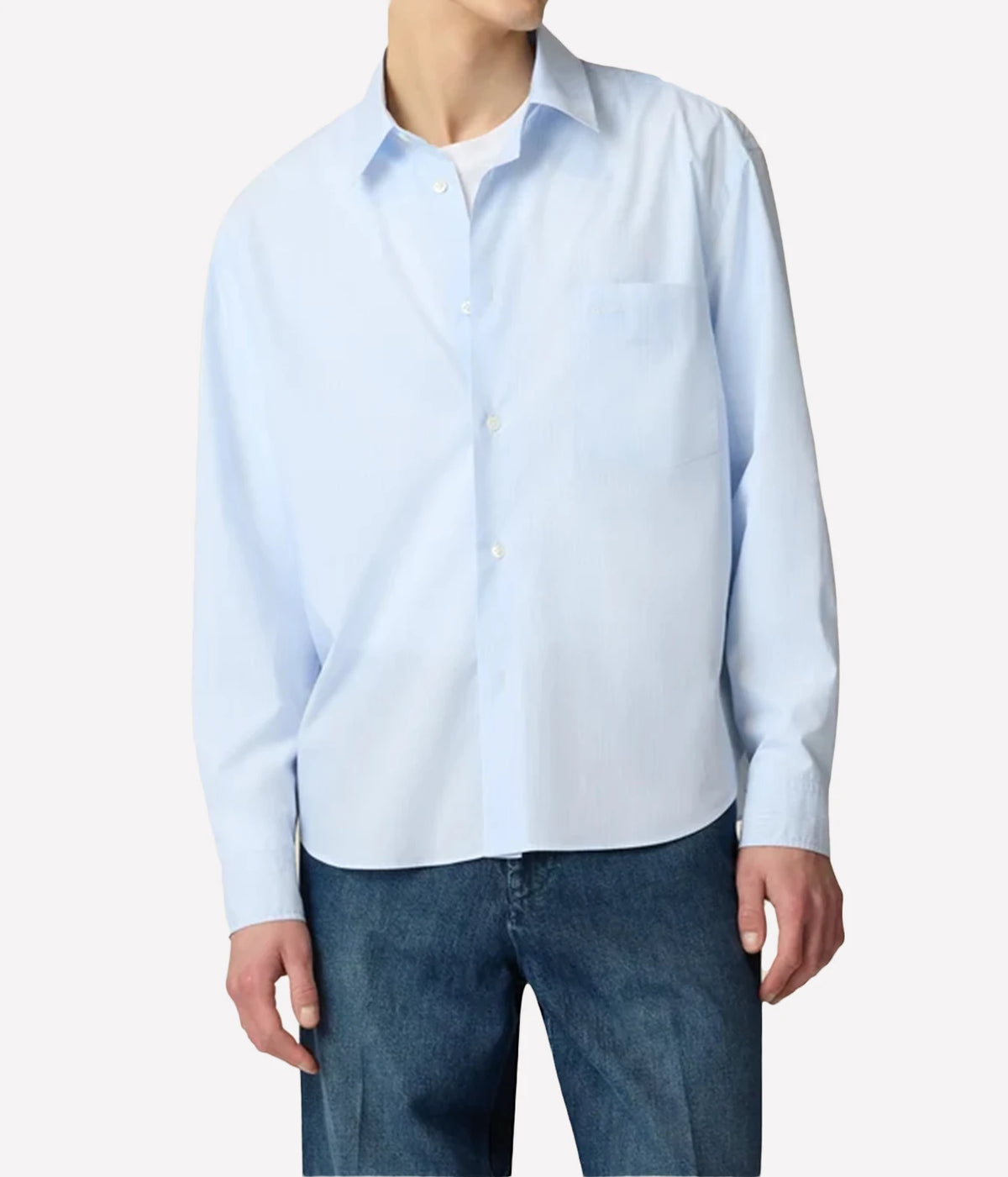 Model wearing Lardini Cotton Pocket Shirt in Blue Stripe with jeans