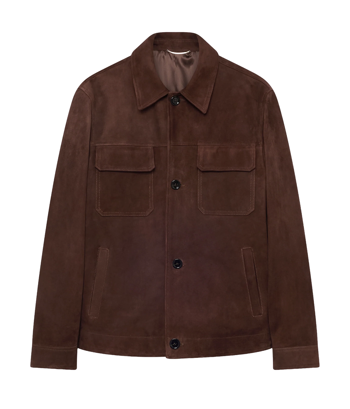 Front product view of Lardini Suede Jacket in Brown showing the flap chest pockets and button front