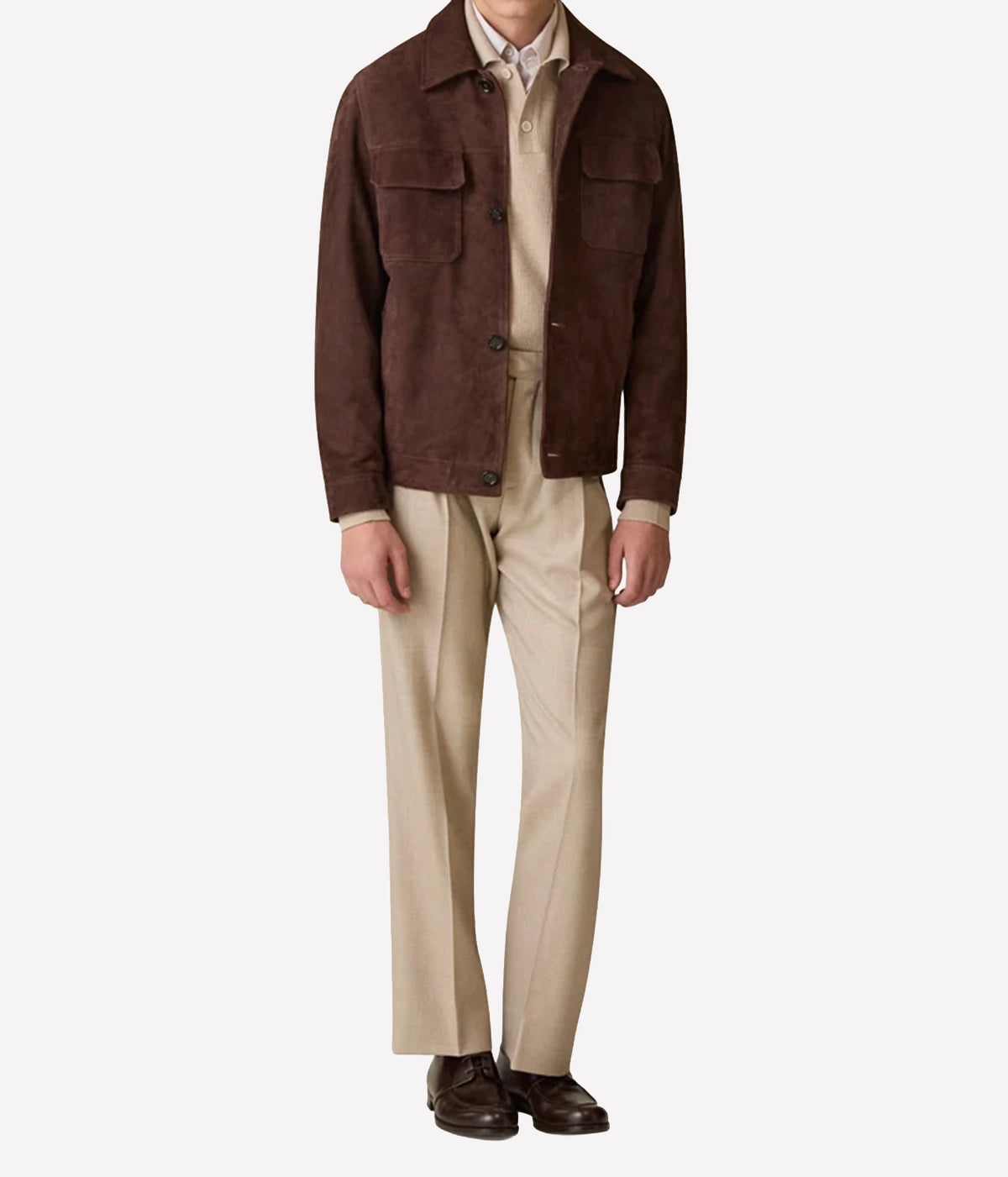 Man wearing Lardini Suede Jacket in Brown with beige trousers and dark shoes, full-length front view
